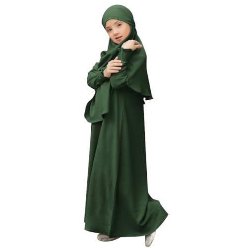 OBEEII Abaya for Girls Muslim Long Sleeve Prayer Dress Ramadan Kaftan Abaya with Hijab Islamic Clothing Arabic Eid Robe - color: Green, size: 9-10 Years