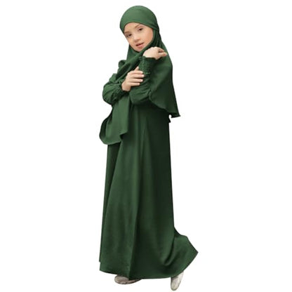 IDOPIP Muslim Dress for Girls Islamic Prayer Abaya Smocked Long Sleeve Kaftan Robe Dresses with Hijab Ramadan Dubai Outfits - color: Dark Green, size: 9-10 Years