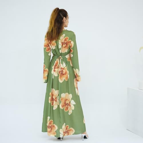 FYMNSI Womens Muslim Dresses Bell Sleeve Floral Butterfly Abaya Modest Dubai Kaftan Islamic Dress Eid Ramadan Prayer Clothes - color: Green, size: X-Large
