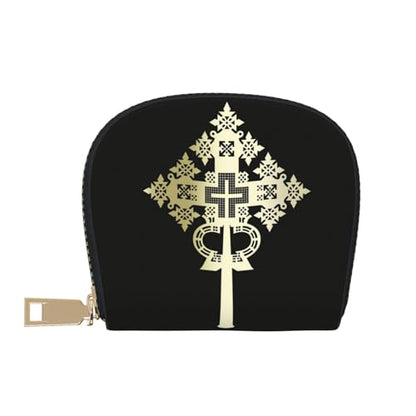 Ethiopian Cross RFID Blocking Semi Circle Card Holder PU Leather Zipper Wallet Pouch Keychain Bag for Women Men, Slim Small Credit Card Case Organizer with 12 Slots - color: Ethiopian Cross3