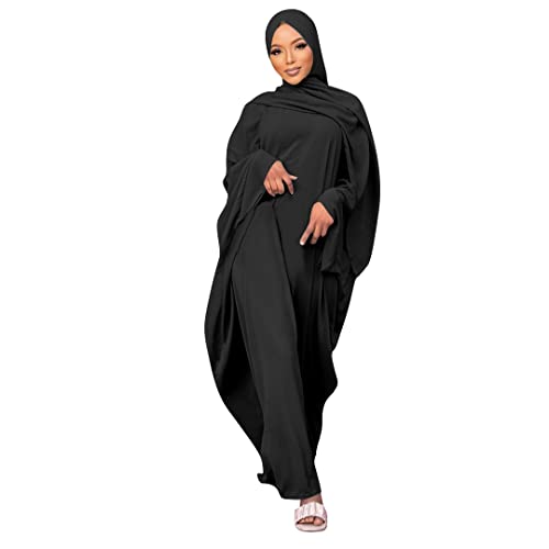 Muslim Dress for Women Pakistani Kaftan Abaya Robe + Hijab Arabic Islamic Prayer Clothes Dubai Outfits - color: Black Set