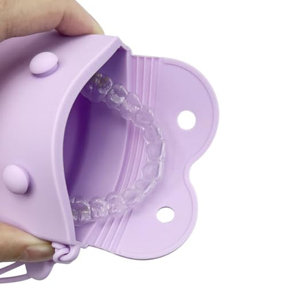1PC Silicone Retainer Case with Lanyard, Cute Vent Holes Denture Box, Mouth Guard Case Travel Holder for Girls, Women, Men (Pink with Lanyard) - color: Purple with Lanyard