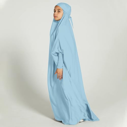 ODIZLI Muslim One Piece Prayer Hijab Dress Women Hooded Abaya Full Cover Islam Dubai Modest Robe - color: Light Blue Kids, size: 8-9 Years