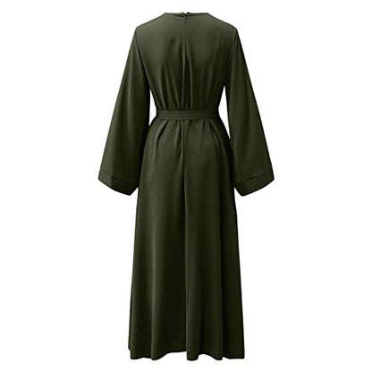 Casual Maxi Dresses for Women Long Sleeve Spring Pleated Flowy A Line Prayer Dress Muslim Dresses with Belt - color: Green, size: Small