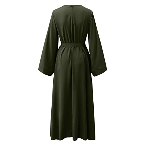 Casual Maxi Dresses for Women Long Sleeve Spring Pleated Flowy A Line Prayer Dress Muslim Dresses with Belt - color: Green, size: X-Large