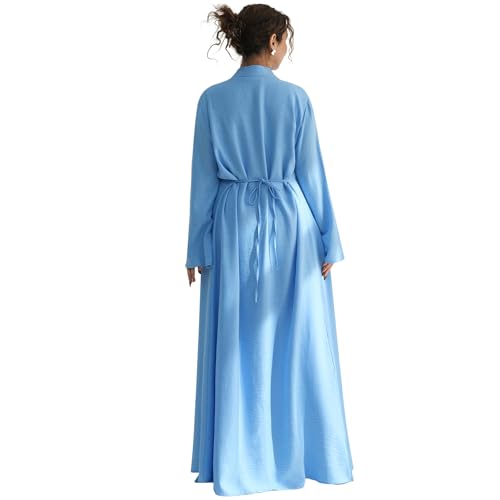 2PCS Women Muslim Abaya Dress Stand Collar Full Coverage Cardigan Dress Set - color: Sky Blue, size: Medium