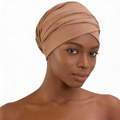 Turban Head Wrap Scarf,African Women' Soft Long Scarf Shawl Hair Bohemian Headwrap Stretch Headband Tie - color: Khaki