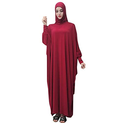Women's Solid Muslim One-Piece Prayer Dress Abaya Kaftan with Hijab Full Length Dress - color: Red