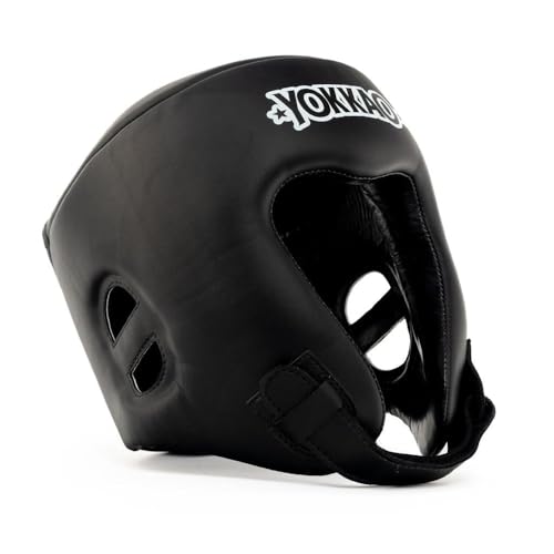 YOKKAO Premium Head Guard | Handmade Genuine Leather Headgear | Ideal for Muay Thai, Boxing, Kickboxing Sparring, Hard Training & Professional Competitions - color: Black Competition, size: Large