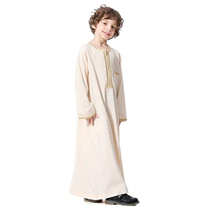IBTOM CASTLE Robe for Boys Muslim Long Sleeve Thobe Abaya Saudi Arab Kaftan Islamic Zipper Arabic Dubai Dress With Pockets - color: Beige, size: 7-8 Years