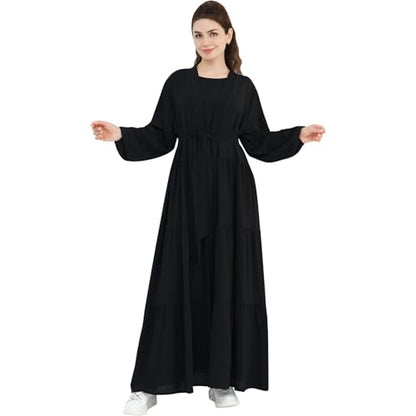 Women Muslim Abaya Dress 2PCS Soft Flowing Cardigan Dress Set Islamic Dubai Modest Kaftan Prayer Robe - color: Black, size: Small