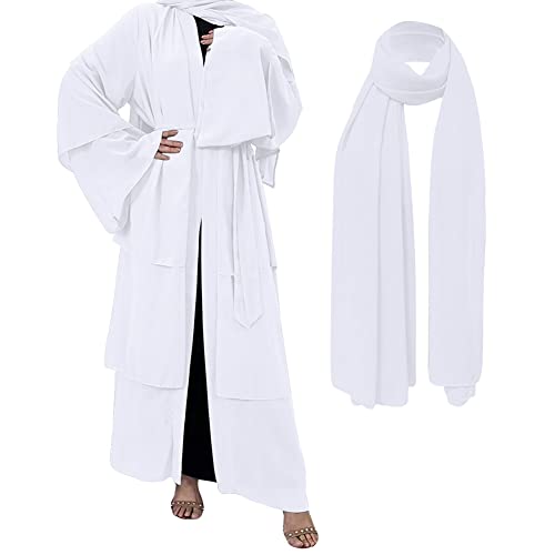Muslim Abaya Dress for Women - Long Sleeve Islamic Dubai Abaya Cardigan Robe - Middle East Prayer Dress with Hijab - color: #A: White, size: Small