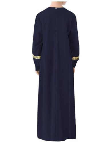 WSPLYSPJY Long Sleeve Abaya for Girls Muslim Islamic Dresses Kids Printed Maxi Prayer Clothes Robe - color: Navy Blue, size: 9-10 Years
