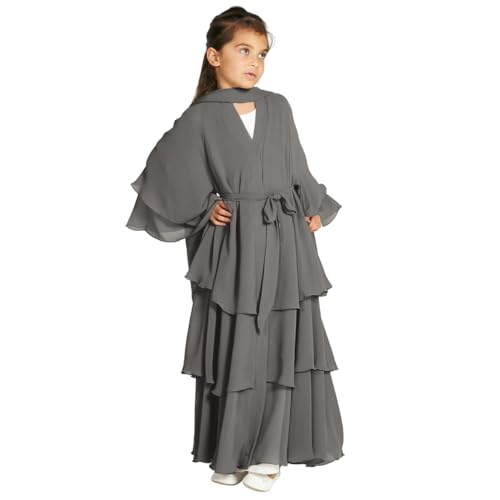 Kids Abayas Dress for Girls Muslim Dress with Hijab Chiffon Layered Islam Kaftan Robe Open Front Cardigan Prayer Dress - color: Dark Gray, size: 11-12 Years