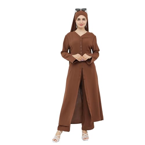 Abaya Dress for Women Muslim Modest Prayer Clothes 2pcs Dubai Cool Suit Arabic Daily Comfort Outfits(Long Top+Pants) - color: Coffeea, size: X-Large-XX-Large