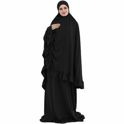 2PCS Women Muslim Prayer Abaya Dress Ruffle Trim Side Pockets with Khimar - color: Black, size: Large