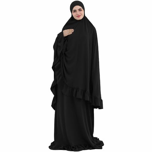 2PCS Women Muslim Prayer Abaya Dress Ruffle Trim Side Pockets with Khimar - color: Black, size: Medium