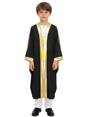 Kids Boys Muslim Thobe Satin Loose Kaftan Robes Long Sleeve Prayer Dress for Ramadan Eid Celebrations - color: Black, size: 8 Years