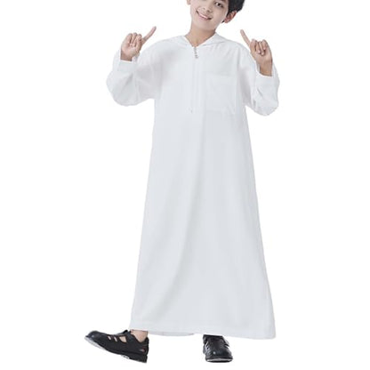 Xiaojmake Dubai Abaya Thobe Elegant Ramadan for Boys Zip Arabic Prayer Clothes with Pockets Islamic Muslim Outfits 3-15Y - color: White, size: 4-5T