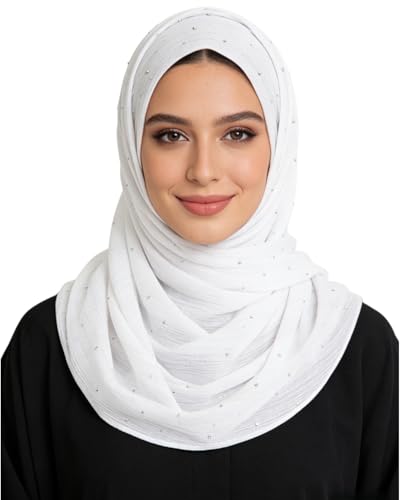 JUMISEE Sparkly Rhinestone Hijab Scarf for Women Glitter Wrinkle Chiffon Muslim Instant Hijab Long Scarves Head Wrap Shawls - color: White