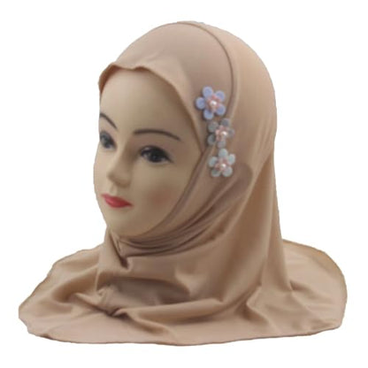 Girls Muslim Hijab Arab Scarf Islamic Headscarf for Kids with 3 Flowers - color: Khaki-3 Flowers