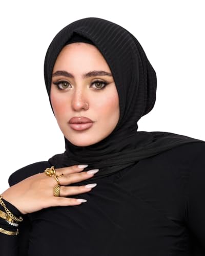 Instant Hijab For Women | Head Wrap100% Cotton Rib Headscarf | Easy to Wear Hijabs with Metal Pin - color: Black