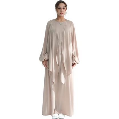 2PCS Muslim Abaya Dress for Women Smooth Satin Prayer Cardigan with Belt - color: Khaki, size: X-Small-Small