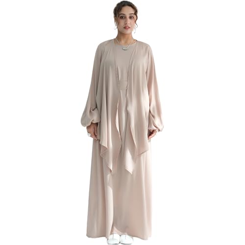 2PCS Muslim Abaya Dress for Women Smooth Satin Prayer Cardigan with Belt - color: Khaki, size: X-Large-XX-Large