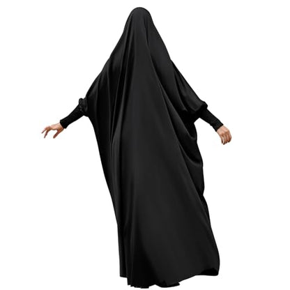 IDOPIP Muslim Abaya for Women One Piece Long Sleeve Islamic Prayer Dress with Hooded Hijab Maxi Kaftan Robe Modest Clothes - color: Black