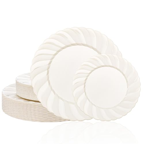 U-QE 60PCS Ivory Plastic Plates for Party – Scalloped Disposable Plates - color: Ivory