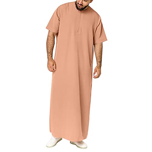 Mens Muslim Thobe Short Sleeve Crewneck Long Gown Casual Lightweight Breathable Big and Tall Robe Ethnic Clothes - color: Light Orange, size: 5X-Large