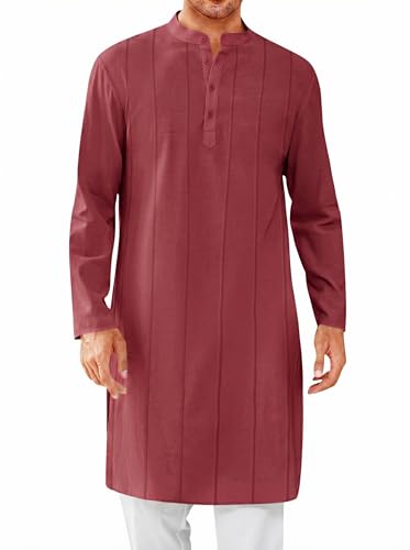 Runcati Mens Kaftan Thobe Button Down Henley Shirts Robe Long Sleeve Casual Cotton Pleated Muslim Gown Shirt - color: Red, size: X-Large