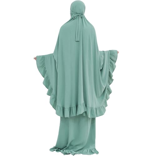 2PCS Abayas for Women Muslim Dress Ruffled Hem Modest Prayer Robe Full Coverage Modest Jilbab Set - color: Light Green, size: Medium