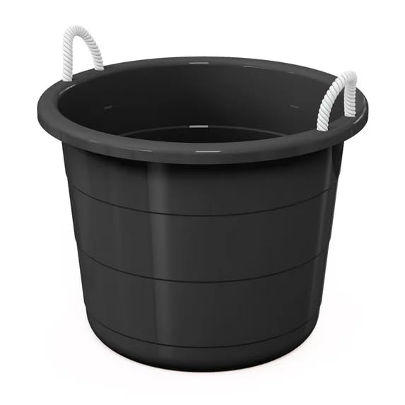 17 Gallon Heavy Duty Plastic Storage Tub with Rope Handles, Large Utility Bucket for Home Garage Garden, Leak-Resistant Stackable Container, Black (2-Pack)
