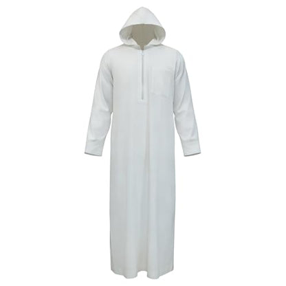 Mens Kaftan Thobe Casual Long Sleeve Zipped Hoodies Caftan Robe Muslim Gown Kurta Tops Arabic T Shirts with Pockets - color: White, size: Large