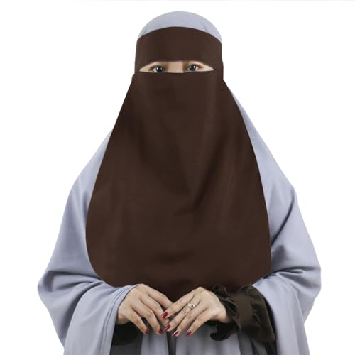 Single Layer Niqab, Soft Chiffon Muslim Veil Face Cover, One Layer Nose Piece, Hijab Prayer Face Mask for Women Men - color: Brown_b