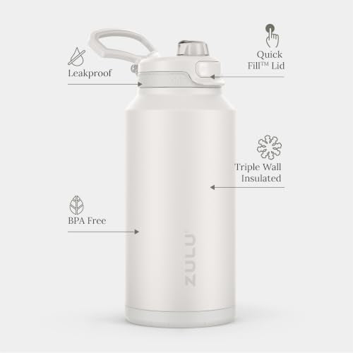 ZULU Powerfill Pro 64oz Half Gallon Stainless Steel Water Bottle with Quick Fill Lid, Triple Walled Vacuum Insulated Metal, Leak Proof Locking Lid, Sip and Chug, Reusable BPA Free, White Monochrome - color: White, style: 64oz