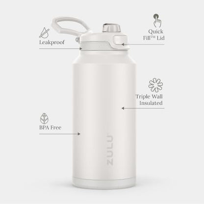 ZULU Powerfill Pro 64oz Half Gallon Stainless Steel Water Bottle with Quick Fill Lid, Triple Walled Vacuum Insulated Metal, Leak Proof Locking Lid, Sip and Chug, Reusable BPA Free, White Monochrome - color: White, style: 64oz