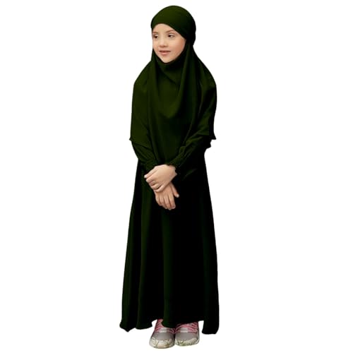 Muslim Clothes for Toddler Girls Long Sleeve Abaya with Hijab Two Piece Kids Prayer Dress Maxi Islamic Scarf Kaftan - color: Ag, size: 5-6 Years