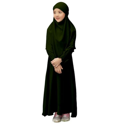Muslim Clothes for Toddler Girls Long Sleeve Abaya with Hijab Two Piece Kids Prayer Dress Maxi Islamic Scarf Kaftan - color: Ag, size: 7-8 Years