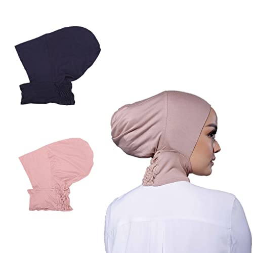 2 Pieces Jersey Muslim Inner Cap Stretch Turban Hijab Islamic Underscarf Bonnet Head Wear Neck Cover - color: Navy+pink