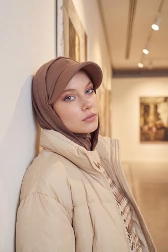 Aisha's Design Full Coverage Cotton Bonnet Hijab with Visor Modest Underscarf Bonnet - color: Caramel Brown