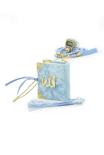 ihvan online Mini Velvet Quran Set with Islamic Finger Counter, Portable Digital Tasbeeh, Muslim Prayer Beads, Pearl Zikirmatic Beads, 3 Pieces Gift Set for Mevlüt (Blue) - color: Blue