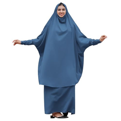 Abayas for Women Muslim Chiffon Prayer Burqa Dress Burkas for Women Muslim Hijab Dress Full Length Islamic Veil Abaya Set - color: Blue