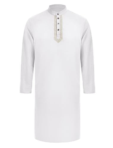 Odizli Muslim Clothes For Men Long Sleeve Stand Collar Thobe Saudi Jubba Dishdasha Kurta Diwali Outfits Indian Clothes - color: White, size: X-Large