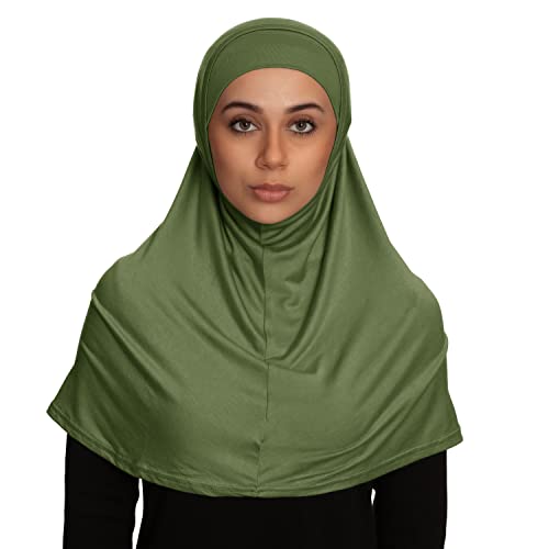 TheHijabStore.com Women's 2 Piece Amira Jersey Hijab - Soft Modal Stretch Head Scarf with Tube Under Scarf Cap - color: Olive Green