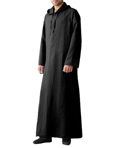 YAOHUOLE Long Sleeve Kaftan Thobe Button down Men Thobe with Pocket Big and Tall Kaftan Muslim Men Thobe - color: Black, size: XX-Large