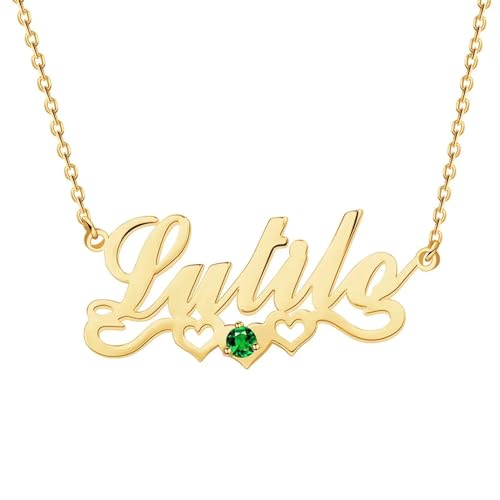 10K/14K/18K Solid Gold Name Plate Necklace,Real Gold Customized Name Necklace with Birthstone for Women,Personalized 1-4 Nameplates Necklaces Birthday for Her Girls - color: Style 4