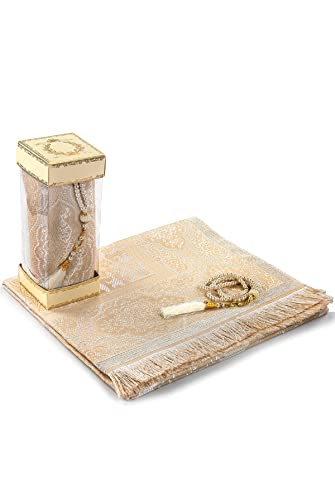 Muslim Prayer Rug and Prayer Beads with Elegant Gift Box | Janamaz | Sajadah | Soft Islamic Prayer Rug | Islamic Gifts Set | Prayer Carpet Mat, Taffeta Fabric, Cream - color: Cream