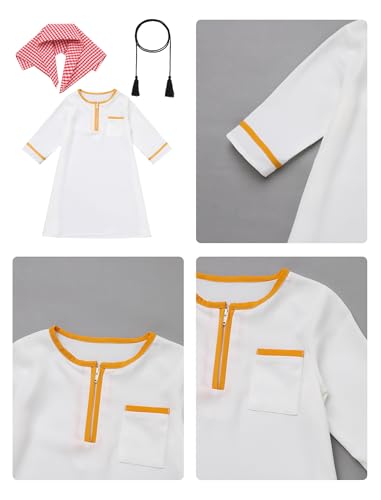 Infant Baby Boys Muslim Newborn Eid Outfits Kaftan Abaya Head Scarf Turban Shemagh Keffiyeh Arabic Dubai Outfits 3PCS - color: White Yellow Zip, size: 12-24 Months